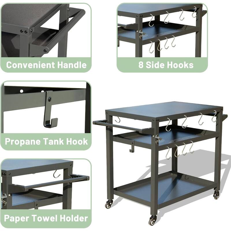 Outdoor Cooking Prep Table with Rust-Proof Stainless Steel Top, 3 Shelves, Tool Hooks, Wheels with Brakes, and Full Accessories