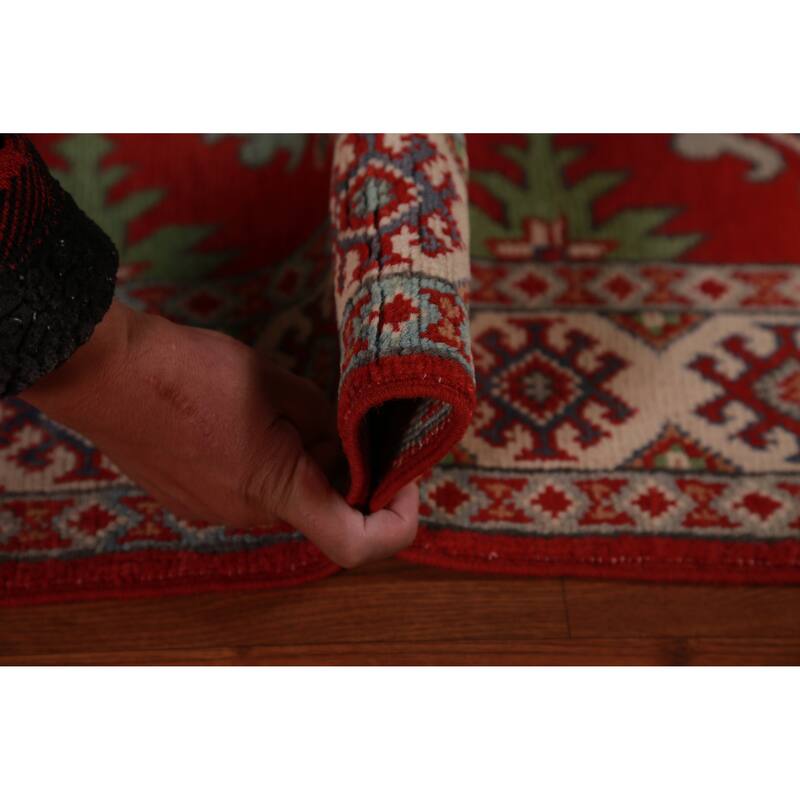 Bedroom Red Kazak Foyer Rug Hand-Knotted Geometric Wool Carpet - 2'8"x 4'0"
