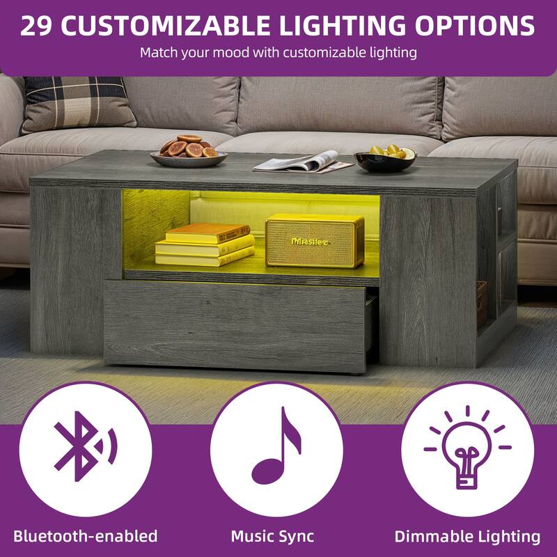 Moasis Modern Coffee Tables LED Light Cocktail Center Table with Shelf and Drawers