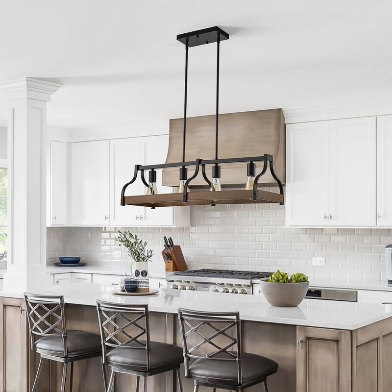 Starsky 4-Light Modern Farmhouse Black Chandelier Wooden Linear Kitchen Island Light