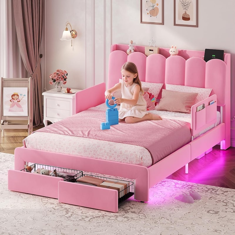 LED Bed Frame Storage DrawerSafety Guardrails Velvet Princess Platform Bed Kids