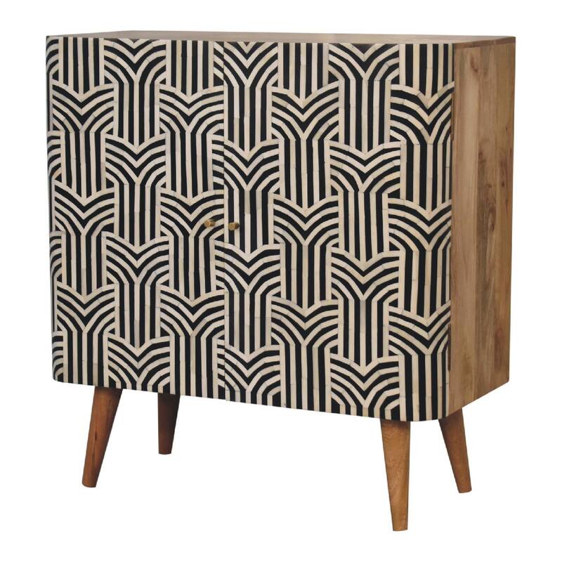 HomeRoots 32" Dark Brown Black and White Solid Wood And Inlaid Bone Textured Accent Cabinet With Two Doors