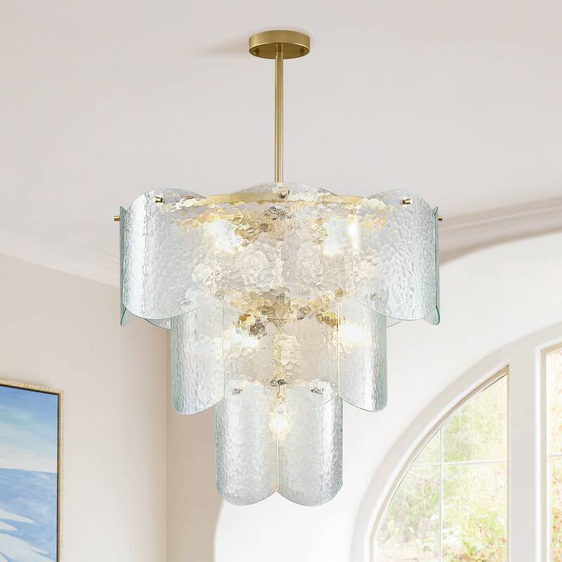 23-Inch Modern Glass Chandeliers, 3 Tiers 8-Light Farmhouse Hammered Stone Glass Chandelier Fixture for Living Room, Bedroom - Gold