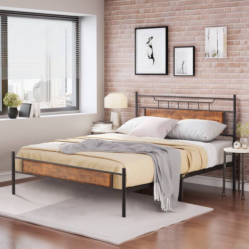 VECELO Industrial Bed Frame with Wood Headboard,Twin/Full/Queen Size Bed, Black/Brown/Slate-3 colors - Brown - Full