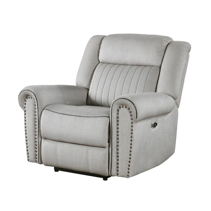 Ben Power Reclining Chair, 41 Inch, Gray Microfiber, Nailhead Trims