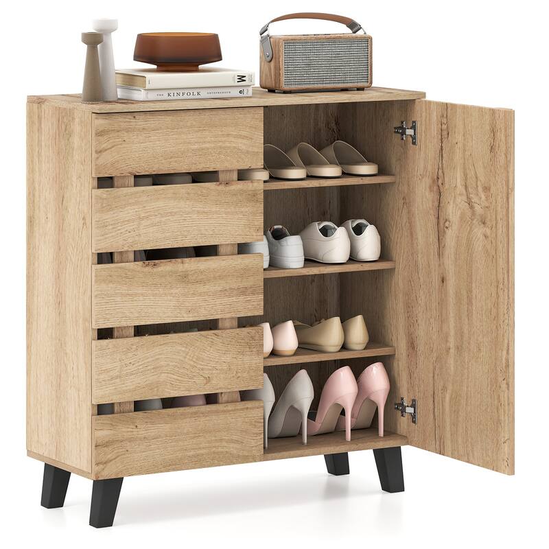 Gymax 4-Tier Shoe Cabinet w/Louvered Door & Removable Shelves for - Natural - No Drawers