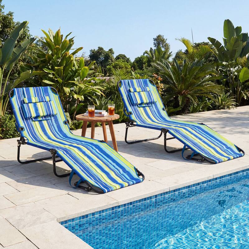 Gymax 2PCS Folding Beach Sun Lounger w/Face Hole Removable Pillows