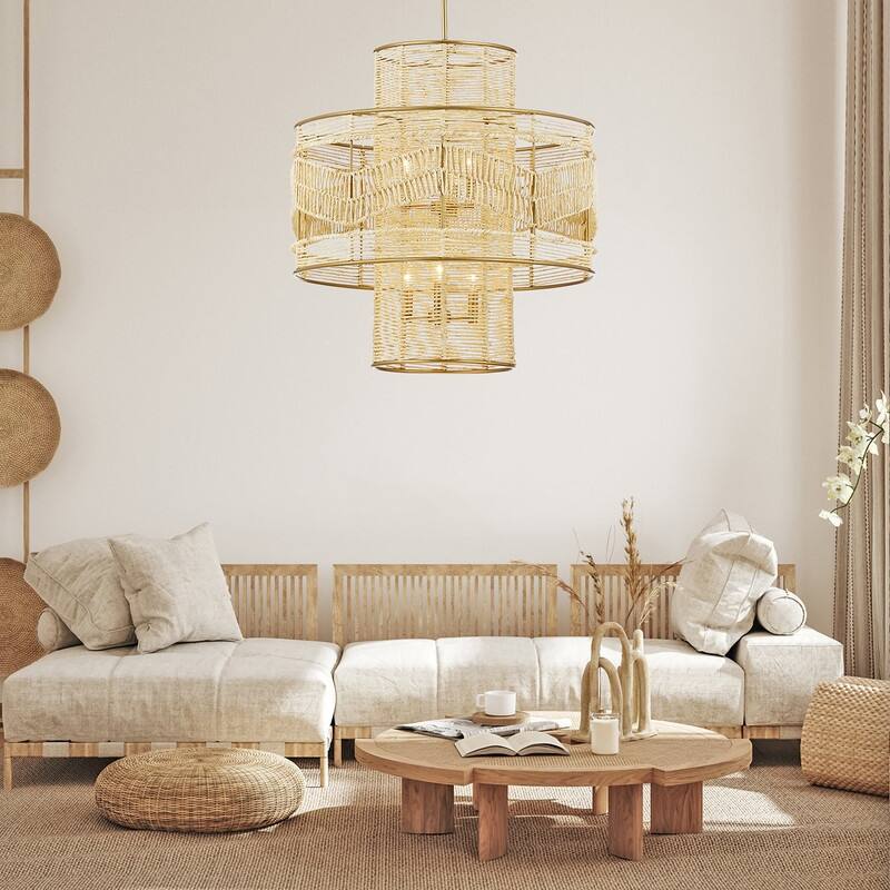 KAWOTI 6-Light Gold Tiered Chandelier Pendant Light with Rattan Shade - 26 '' L x 26'' W x 47.75'' H