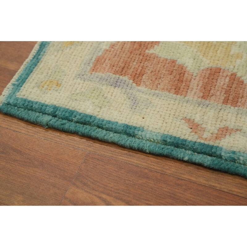 Vegetable Dye Wool Oushak Turkish Area Rug, Floral Geometric Carpet - 12' 10'' X 6' 11''