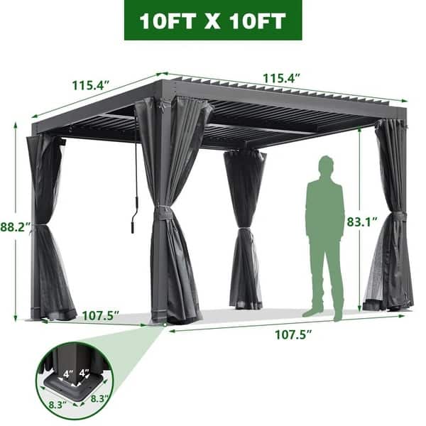 dimension image slide 17 of 30, EROMMY Outdoor Louvered Pergola Gazebo with Adjustable Aluminum Rainproof Roof