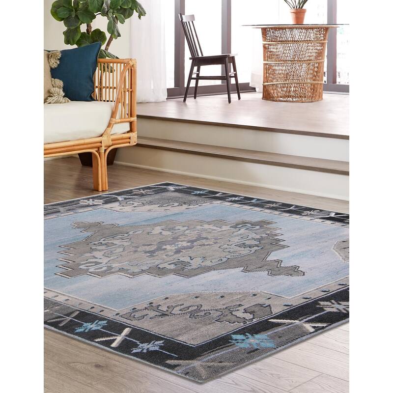 Traditional Rine Collection Area Rug - 7'6" Square - Blue-Gray
