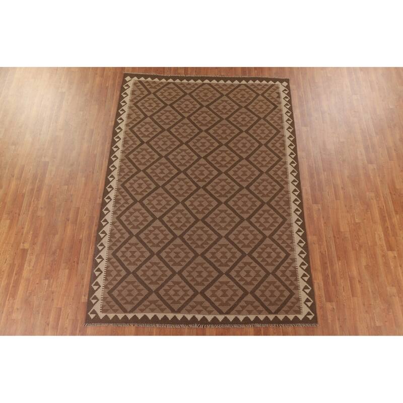Hand Woven Oriental 100% Wool Carpet Southwestern Geometric Brown Kilim Area Rug - 9' 8'' X 6' 9''