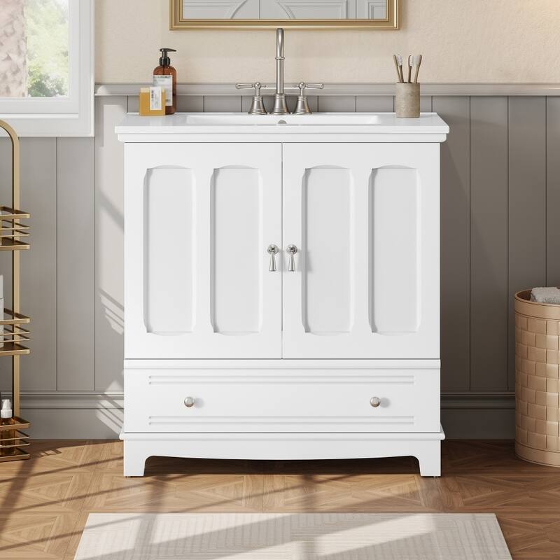 30" Wooden Bathroom Ceramic Sink Cabinet with Shelf, Drawer with Divider - White
