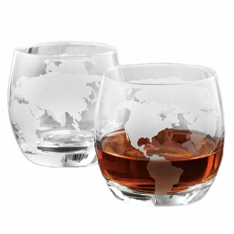 STP Goods Etched Globe Old Fashioned Whiskey Glasses, Set of 2 - 3" x 4"