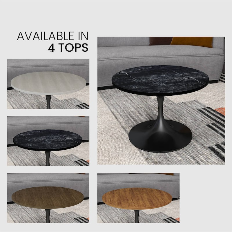 LeisureMod Verve 27" Round Coffee Table with MDF Wood TableTop and Black Steel Base for Living & Bedroom
