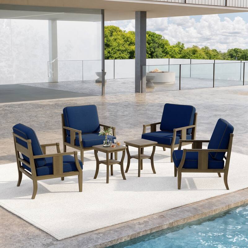 6-Piece Outdoor Teak Seating Set Armchair Patio Conversation Sets with 2 Tables, Cushion