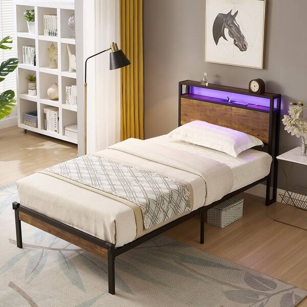 slide 2 of 10, Twin Size Metal Platform Bed Frame with Wooden Headboard and Footboard ,Includes USB Charger Black+Brown