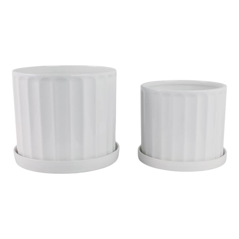 Ceramic Saucer Planters Ribbed Texture (Set of 2) - 10", 9" White - 12" x 12" x 10" - 12" x 12" x 10" - White