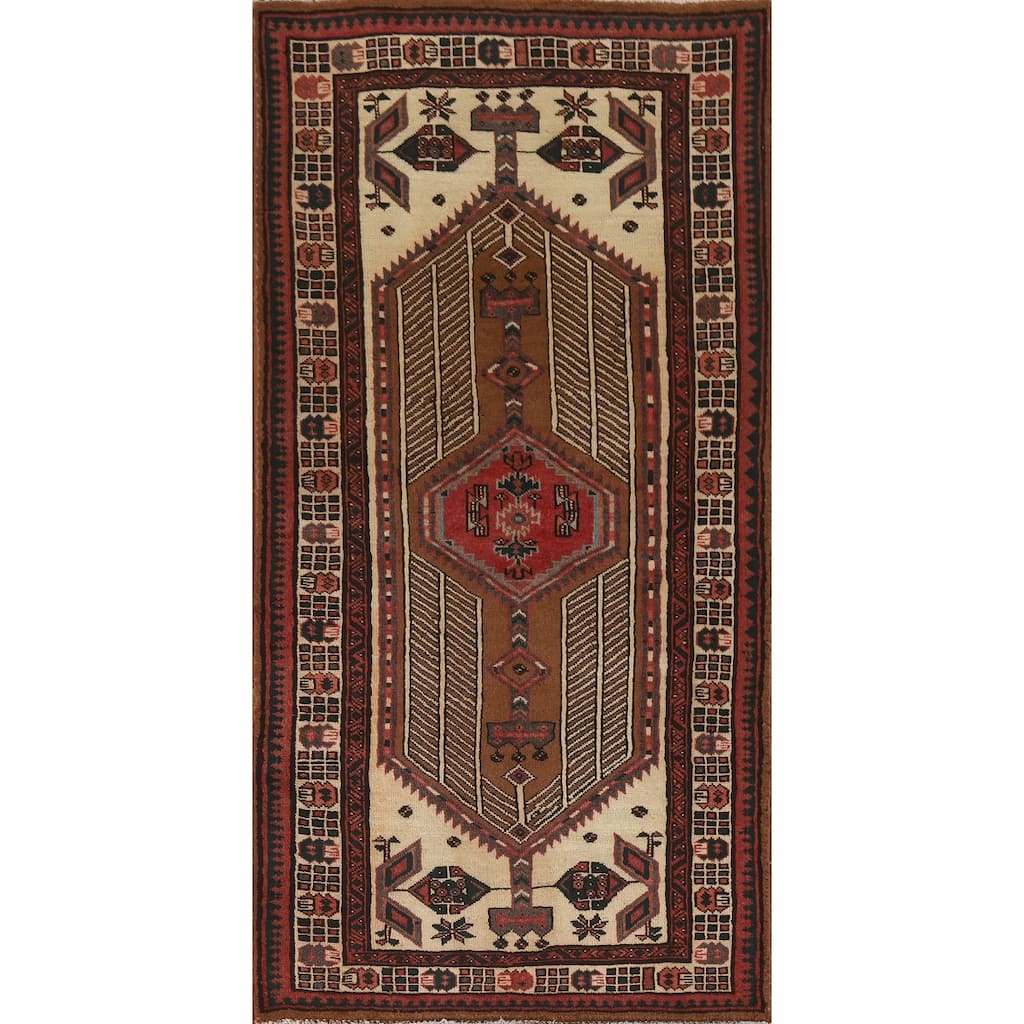 Brown Ardebil Persian Runner Rug Handmade Vintage Wool Carpet - 3'2"x 6'11"