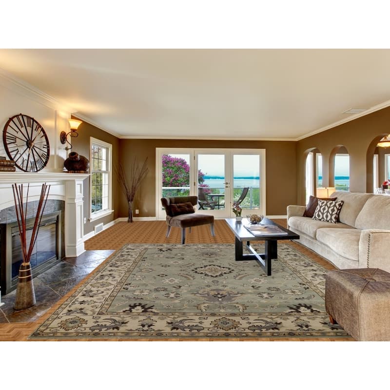 Green Floral Oushak Indian Area Rug Hand-Knotted Wool Carpet - 9'1"x 11'10"