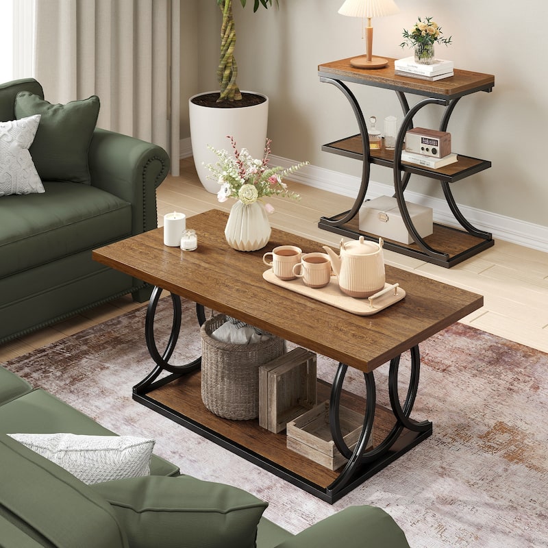 41.7-inch 2-Tier Rectangle Wood Coffee Table for Living Room - 41.7"L x 21.7"W x 17.7"H