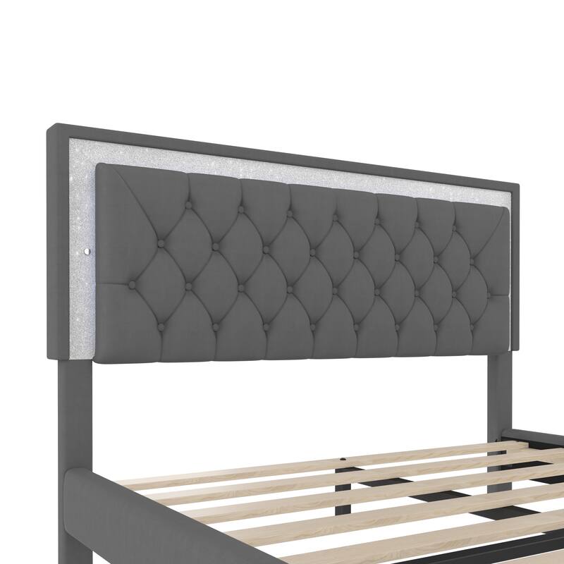 Modern Queen Size Velvet Platform Bed with Tufted Headboard and Romantic LED Lighting, Sturdy Upholstered Frame