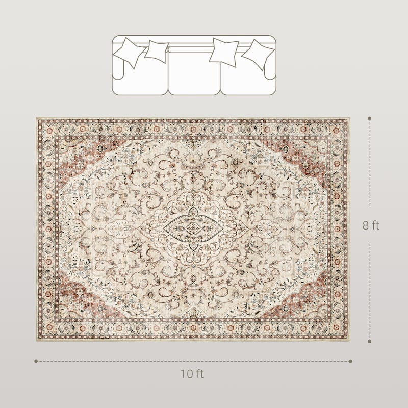 HOMCOM Area Rug 8x10, Machine Washable Rug, Non-Slip Classical Floral Print Floor Cover Foldable Carpet for Living Room