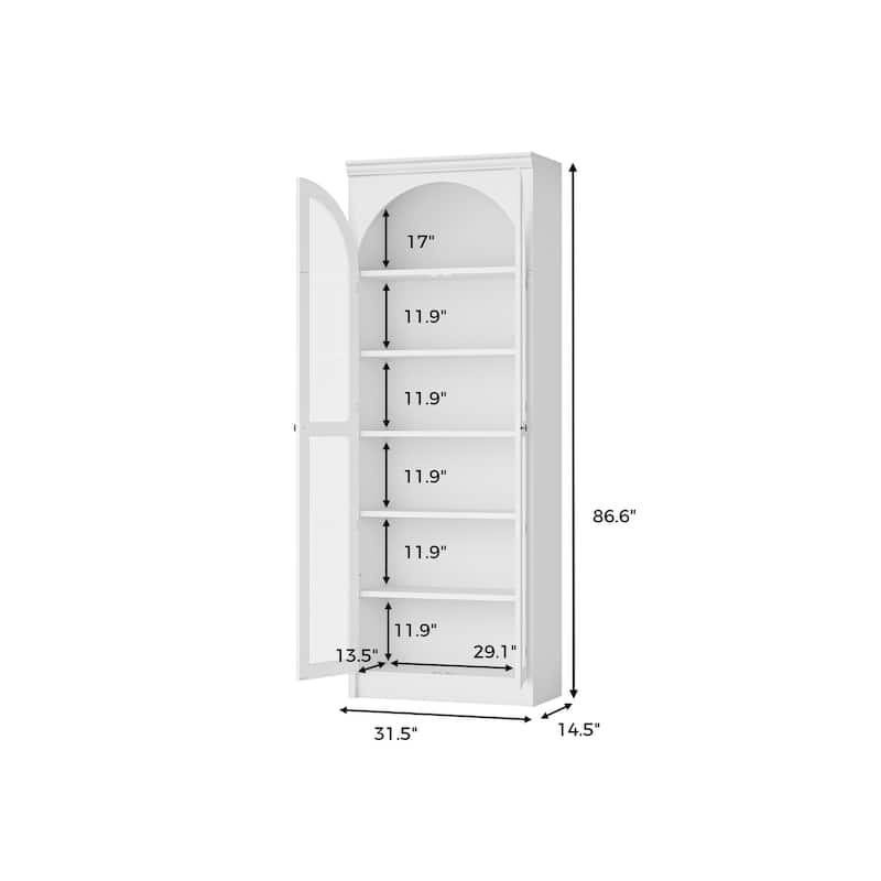 Modular White Bookcase with LED Lights & Glass Doors, 86.6" Tall Arched Display Cabinet Solid WoodStorage Cabinet