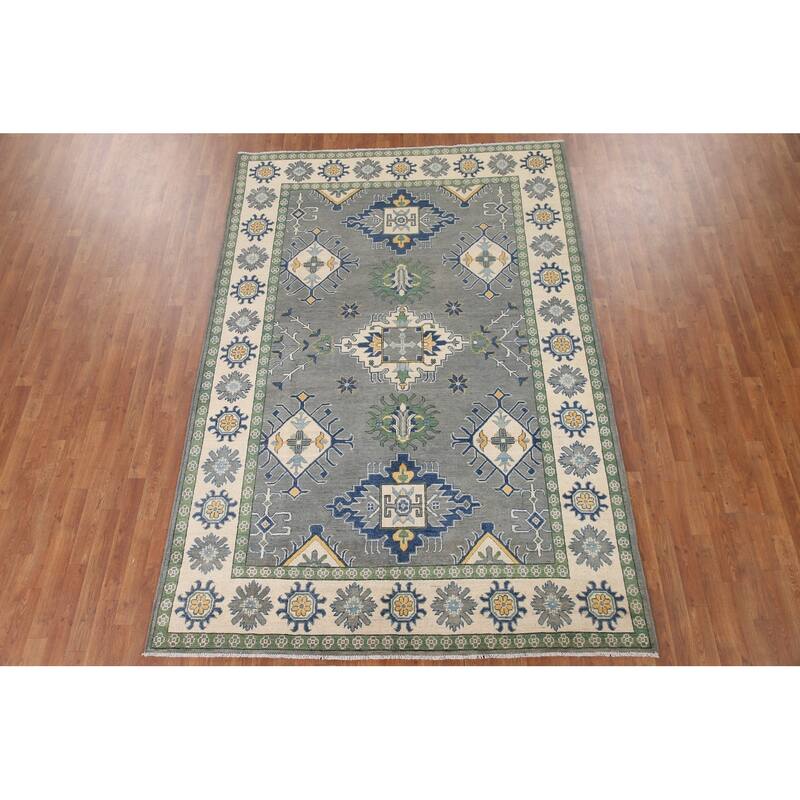 Hand Knotted Oriental 100% Wool Carpet Traditional Geometric Greys & Charcoal Kazak Area Rug - 9' 10'' X 6' 8''