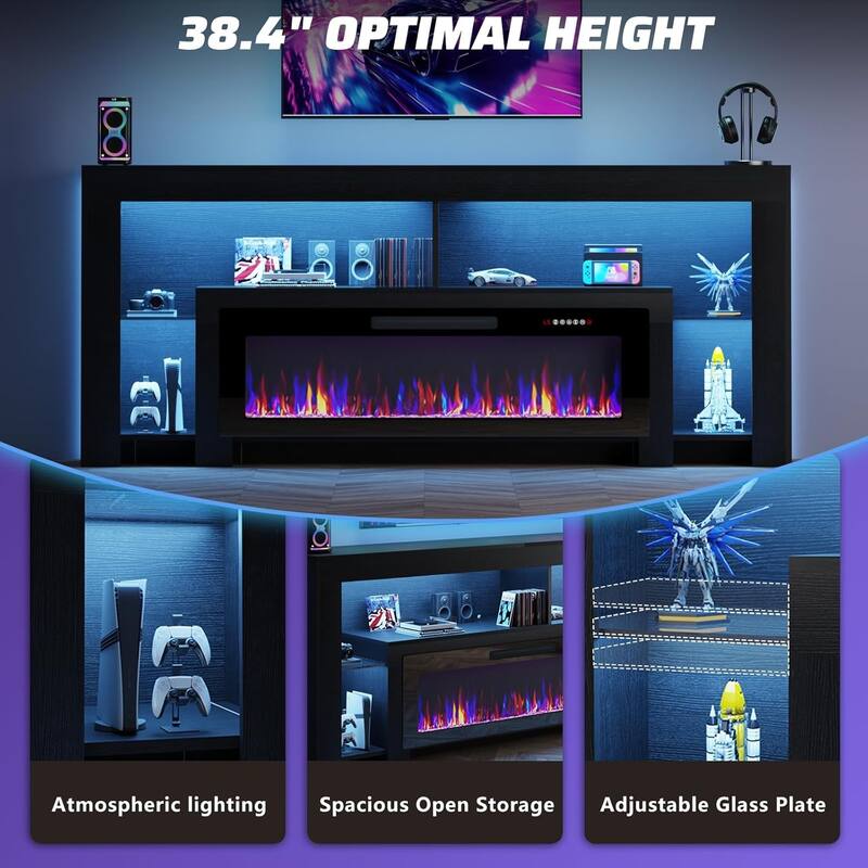 BOSSIN 82" Fireplace TV Stand with 50" Fireplace, Entertainment Center for TVs Up to 90", Console Cabinet With LED Light