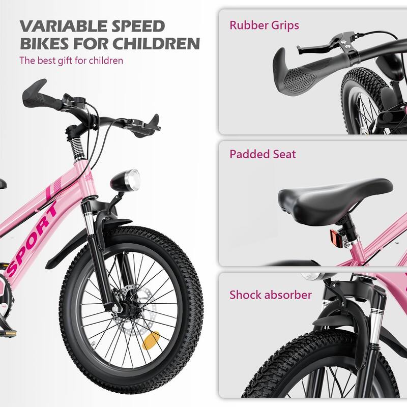 20 Inch Little Daisy Bike, 7-Speed Mountain Kids Bicycle w/Dual Disc Brakes, Shock Absorber Front Fork & LED Light for Ages 7-12