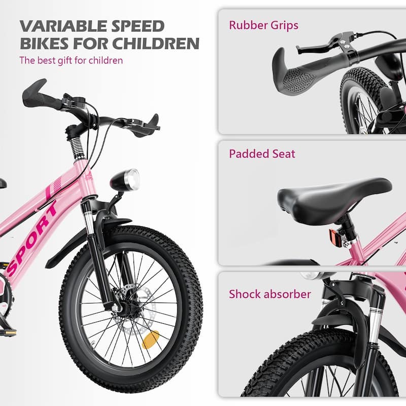 24 Inch Kids Mountain Bike for Boys & Girls Ages 7-12, 7-Speed with Dual Disc Brakes, Shock Fork & LED Light