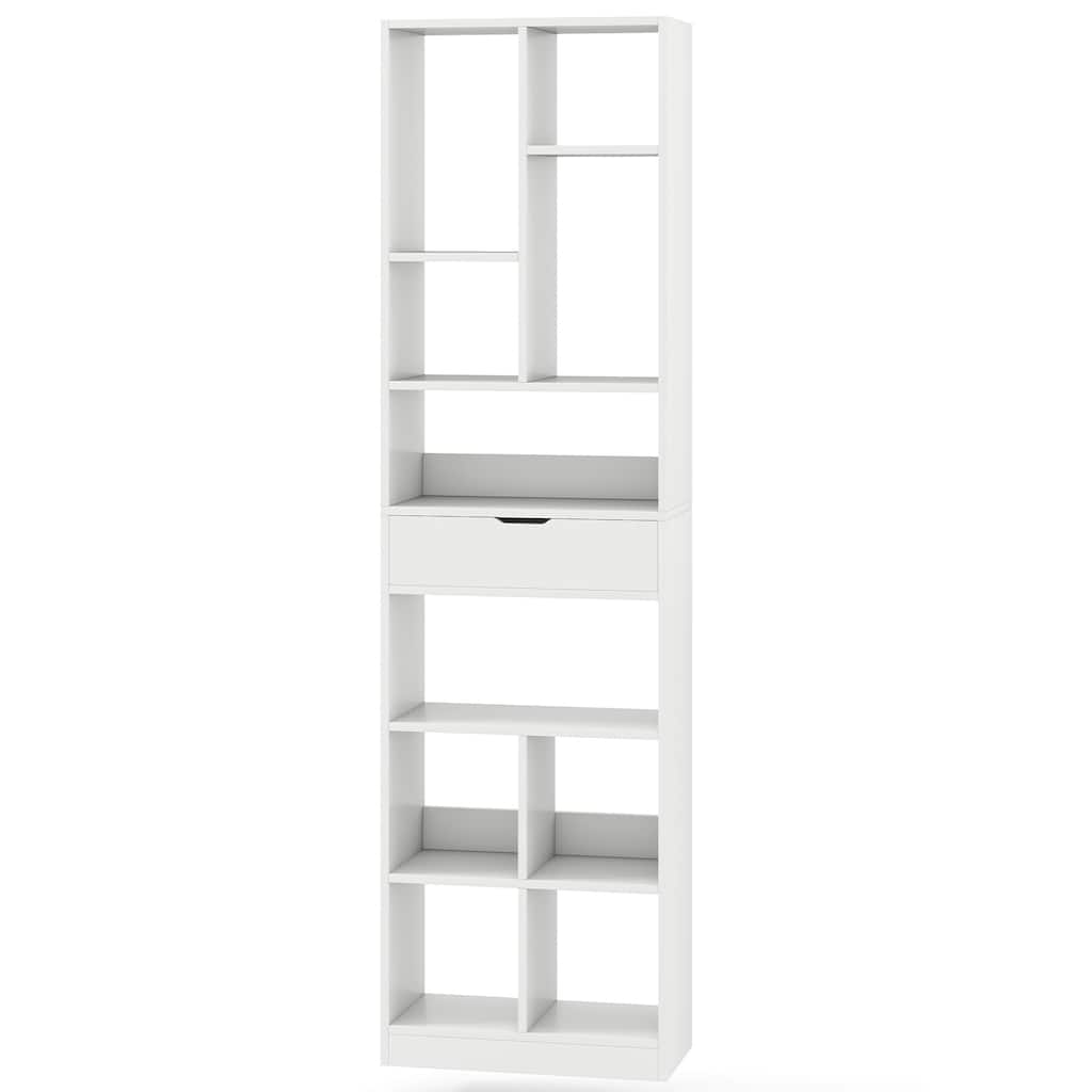 7 Tier White Engineered Wood 10-Cube Bookcase with Drawer and Anti-Tip Safety - 19.5" x 9.5" x 71"