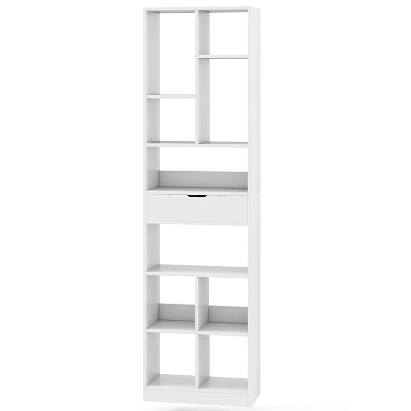 7 Tier White Engineered Wood 10-Cube Bookcase with Drawer and Anti-Tip Safety - 19.5" x 9.5" x 71" - White