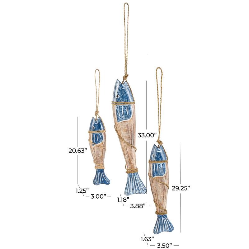 Wood Fish Handmade Home Wall Decor with Wrapped Jute Hanging Rope - Set of 3 Blue - Roche River Decor