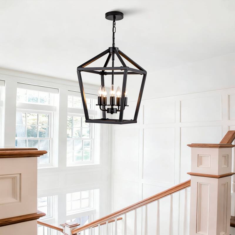 Farmhouse Lantern Chandelier 5-Light with Rustic Open Cage and Adjustable Hanging Height