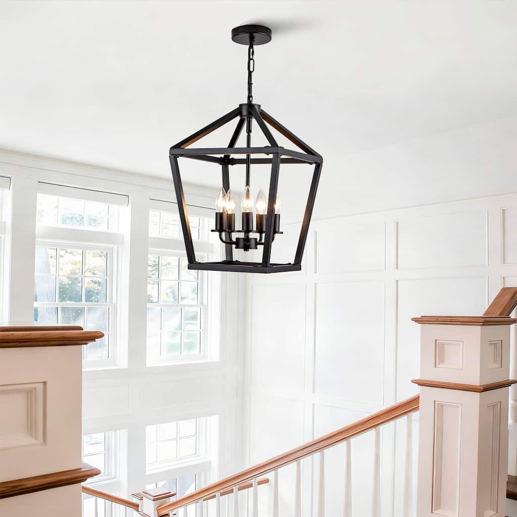 Farmhouse Lantern Chandelier 5-Light with Rustic Open Cage and Adjustable Hanging Height