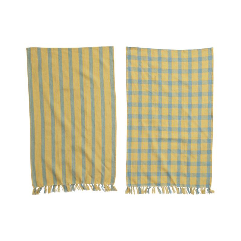 Woven Cotton and Linen Tea Towels with Fringe - 28" x 18 " - Set of 2 - 28" x 18 " - Yellow nad Blue