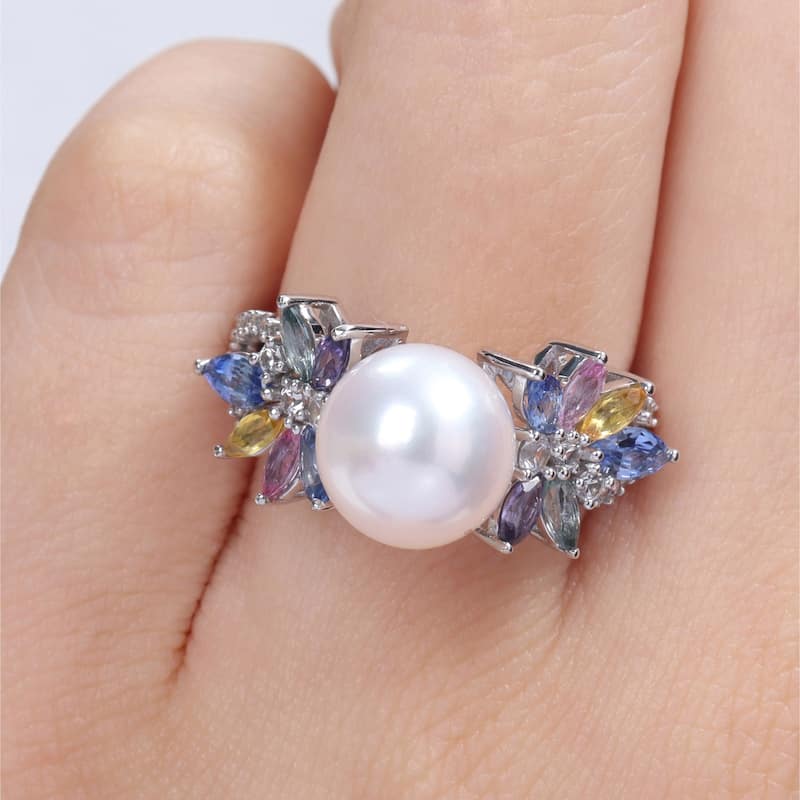 Miadora 9-9.5mm Cultured Freshwater Pearl 1 3/4ct TGW Multi Sapphire 1/8ct TW Diamond Flower Ring in 14k White Gold