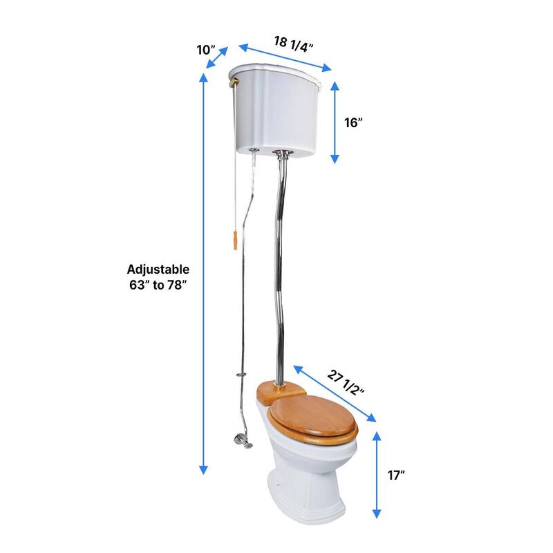 High Tank Toilet - Light Oak Raised Tank, White Round Bowl and Brass L Pipes Renovators Supply