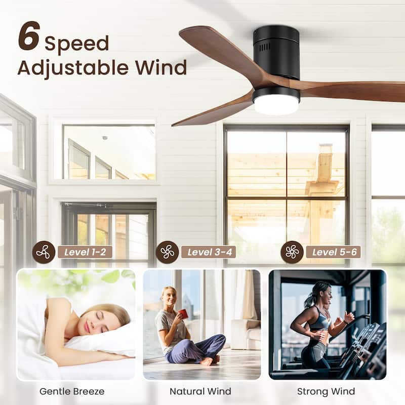 Sofucor 52" Low Profile Flush Mount Noiseless Ceiling Fan with Light and Remote,3 Solid Wood Blades,6 Speed Levels