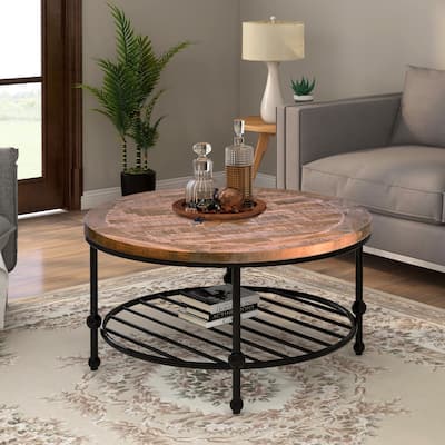 Moda Rustic Natural Round Coffee Table with Storage Shelf for Living Room