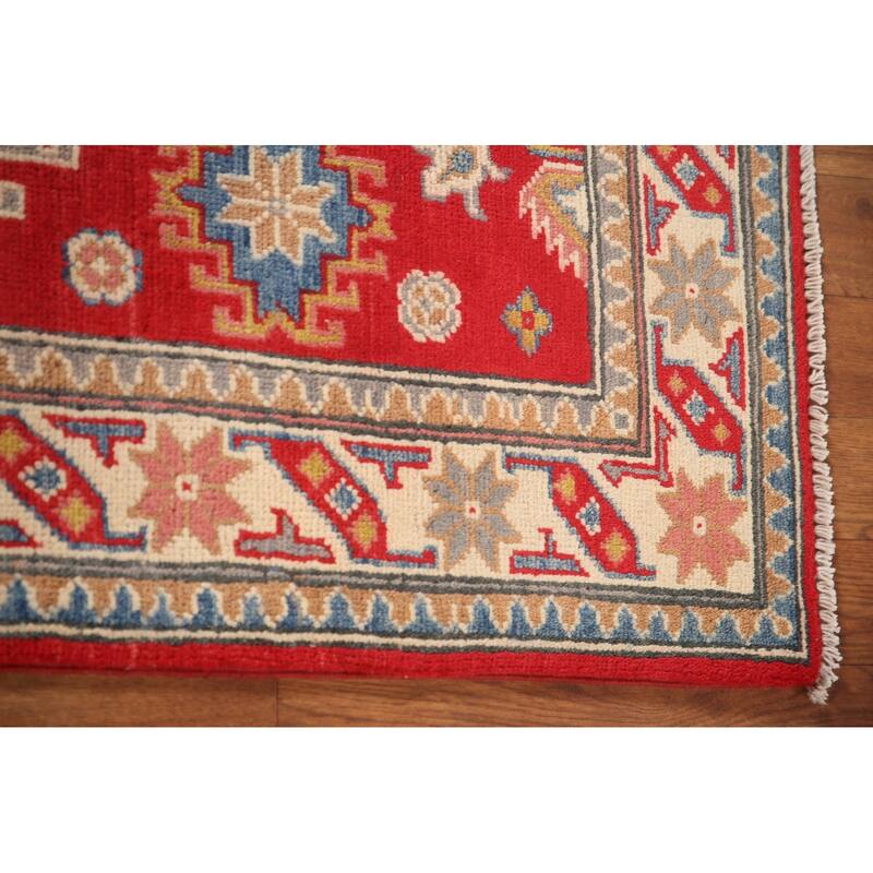 Geometric Red Kazak Oriental Accent Rug Handmade Wool Carpet - 2'9"x 4'2"
