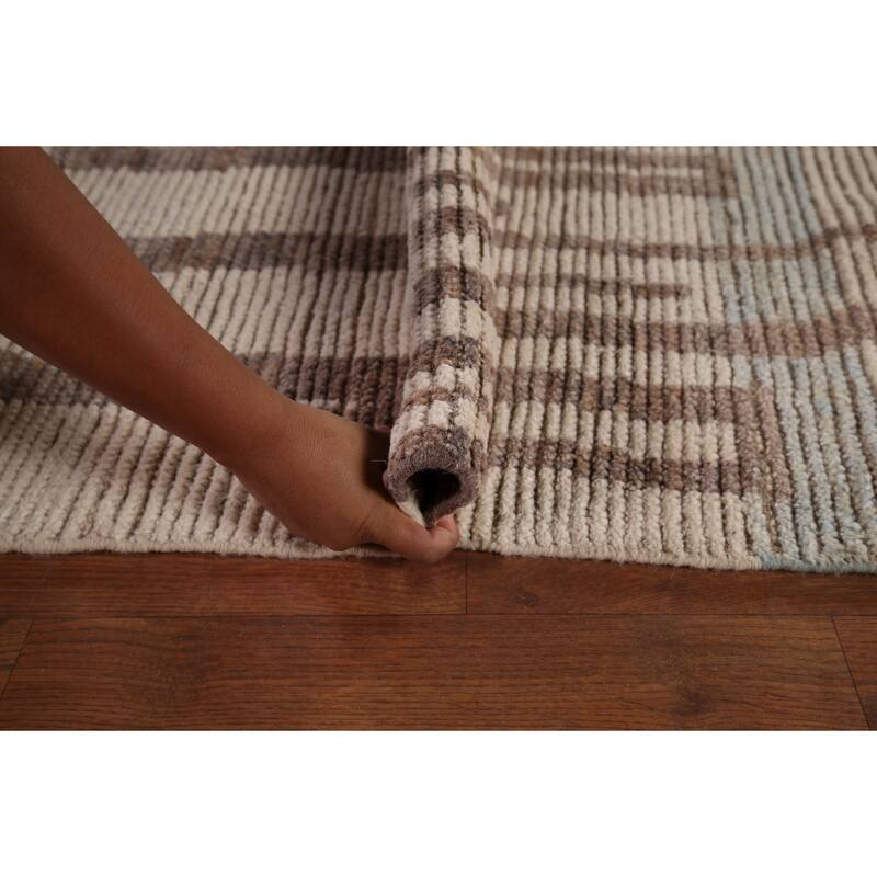 Earth Tone Moroccan Modern Area Rug Hand-Knotted Stripe Wool Carpet - 8'9" x 12'4"