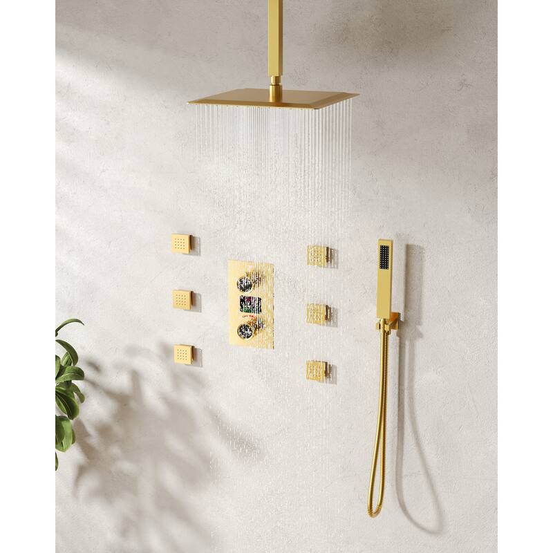 Pressure-Balanced Rainfall Shower System with LCD Display, 12" Ceiling Mount Shower Faucet Set with Body Jets