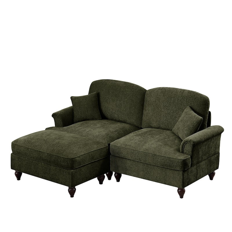 76.4" L Shaped 2-Seat Sectional Sofa, Chenille Couch with Ottoman, Flared Arms Loveseat with Removable Ruffles Pleats Skirts