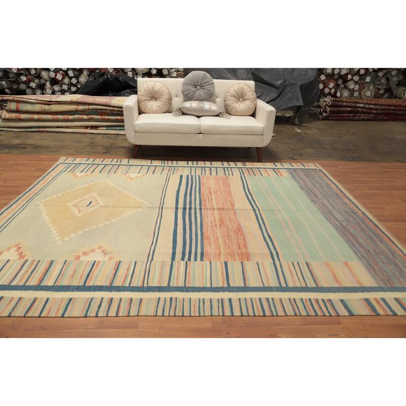 Hand Woven Oriental 100% Wool Carpet Southwestern Tribal Multi-Colored Kilim Area Rug - 9' 8'' X 8' 0''
