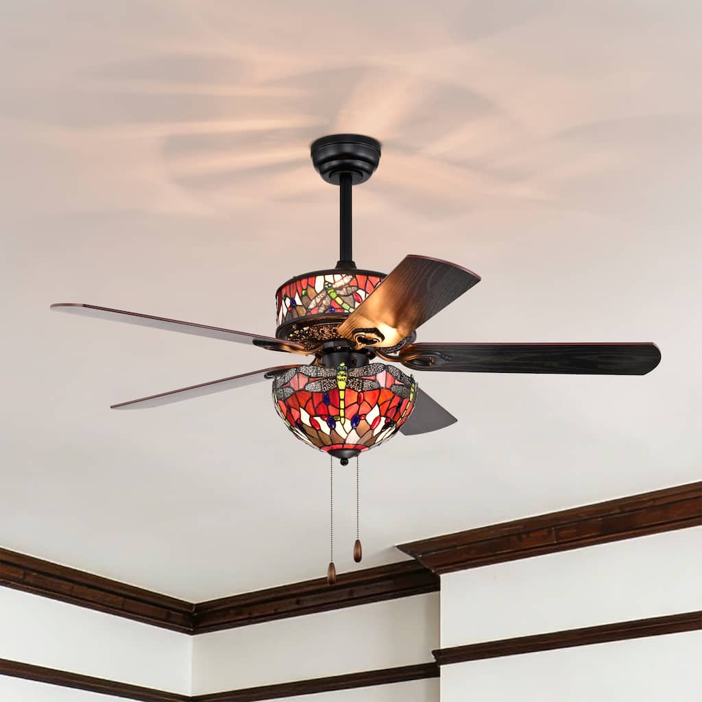 Jalev 6-Light Dragonfly Tiffany 5-Blade 52-Inch Matte Black Ceiling Fan