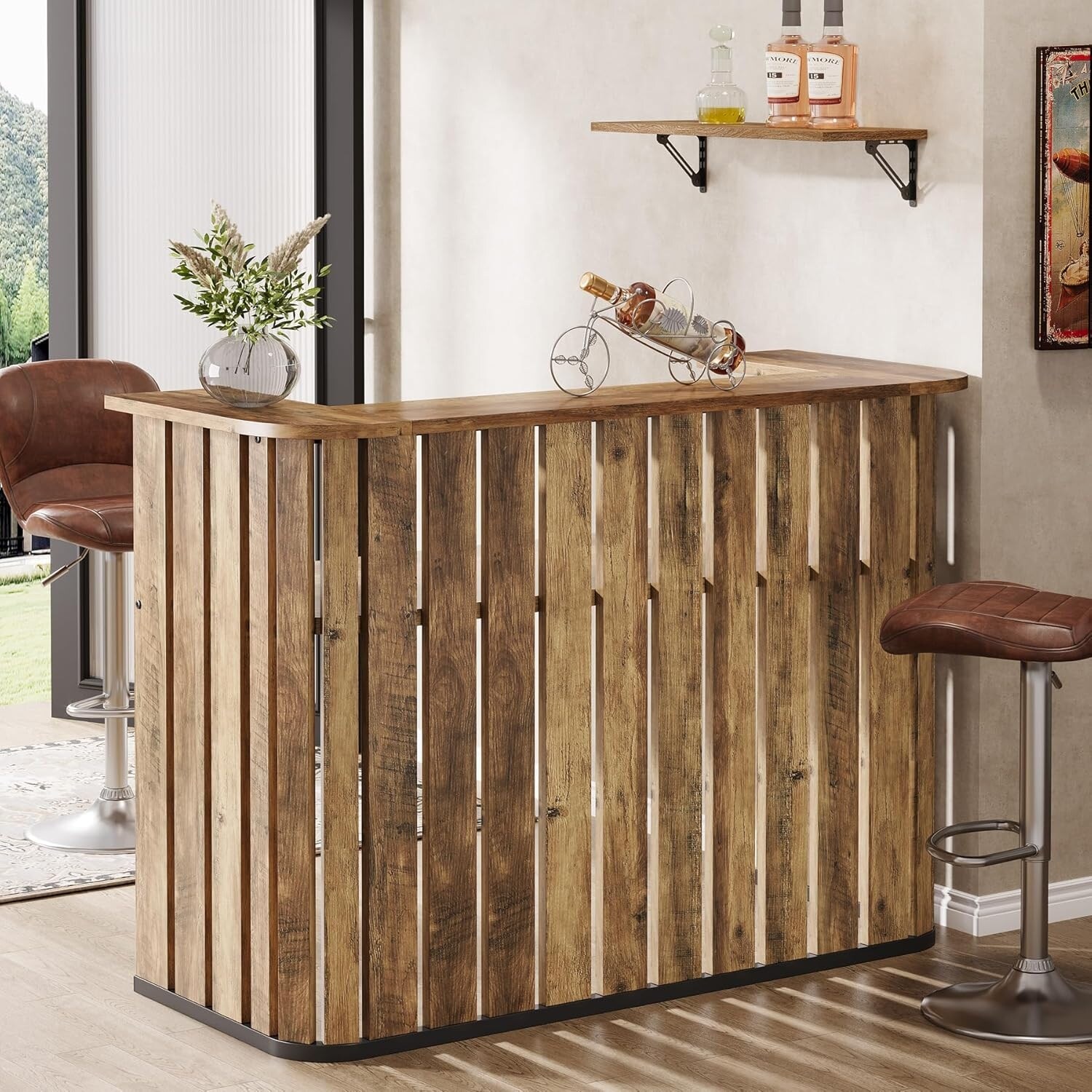 2 Tiers Wine Bar Cabinet Mini Bar Table, Farmhouse Liquor Home Bar