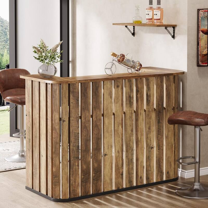 62.99 Brown MDF Wine Bar Table with Storage Shelves, Farmhouse Home Bar Unit